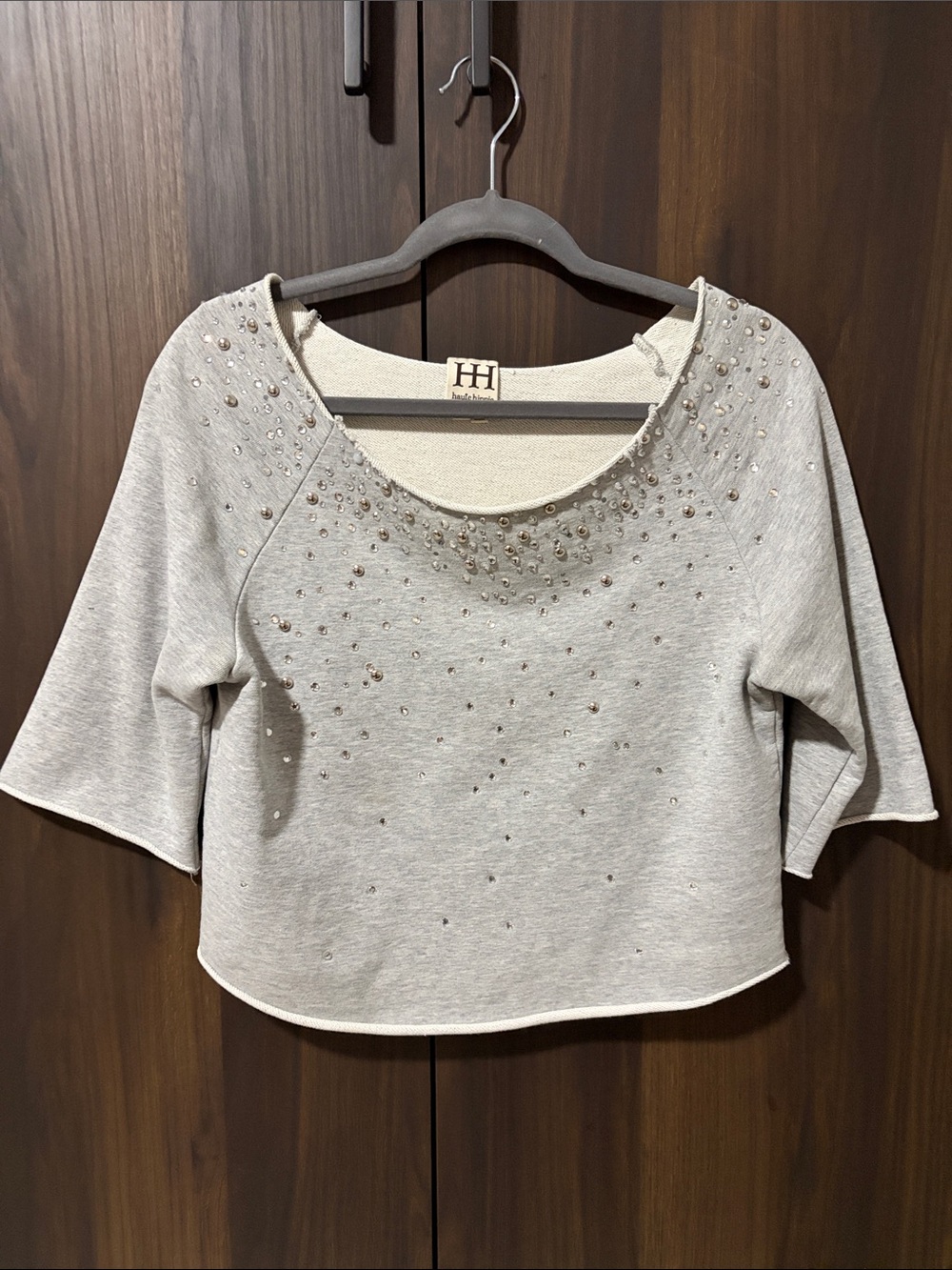 Haute Hippie Light Gray Embellished Scoop Crop Top